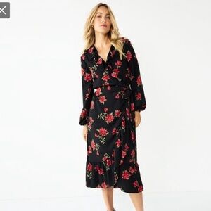 NWT DRAPER JAMES RSVP™ Long Sleeve Ruffle Wrap Midi Floral Black Dress Size M